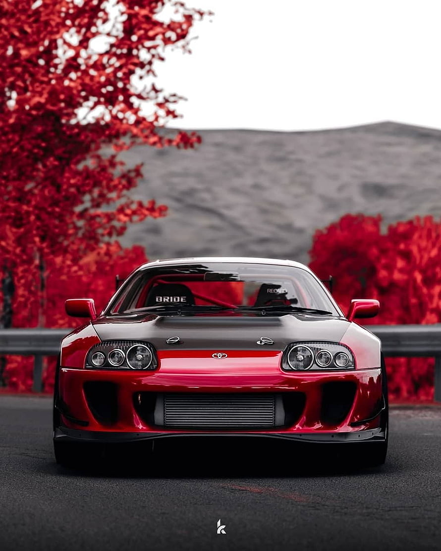 Red Toyota Supra MK4 with Carbon Hood and Bride Seats on Road HD phone wallpaper