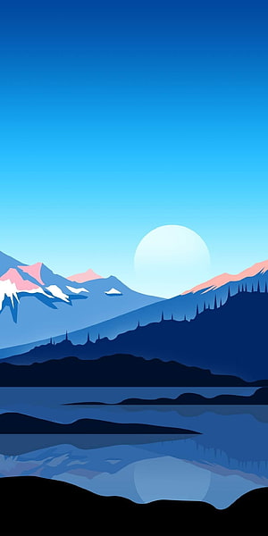 Minimalist Vector Landscape With Blue Mountains, Lake Reflection, And Pink Snow-Capped Peaks HD phone wallpaper