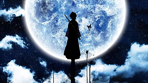 Silhouette of a Samurai Warrior Standing Before a Giant Blue Moon HD wallpaper