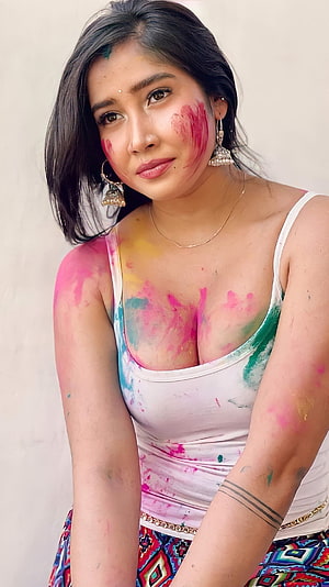 Woman Celebrating Holi Festival With Colorful Powder On Face And White Top, Sofia Ansari, happy holi HD phone wallpaper