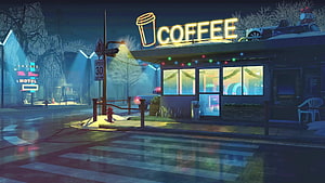 Cozy Winter Night Coffee Shop Street Scene With Neon Sign And Snow HD wallpaper