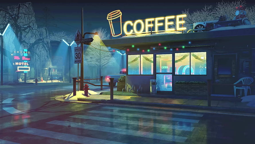 Cozy Winter Night Coffee Shop Street Scene With Neon Sign And Snow HD wallpaper