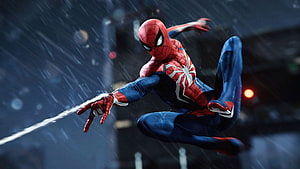Spider-Man Swinging Through Rainy Cityscape in Dynamic Action Pose, With Great Power Come Great Responsibility. ( Collection Spider Man) HD wallpaper