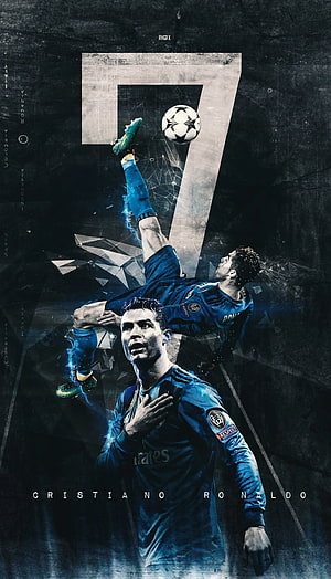 Cristiano Ronaldo Real Madrid Bicycle Kick Poster with Number 7 and Champions League Ball HD phone wallpaper