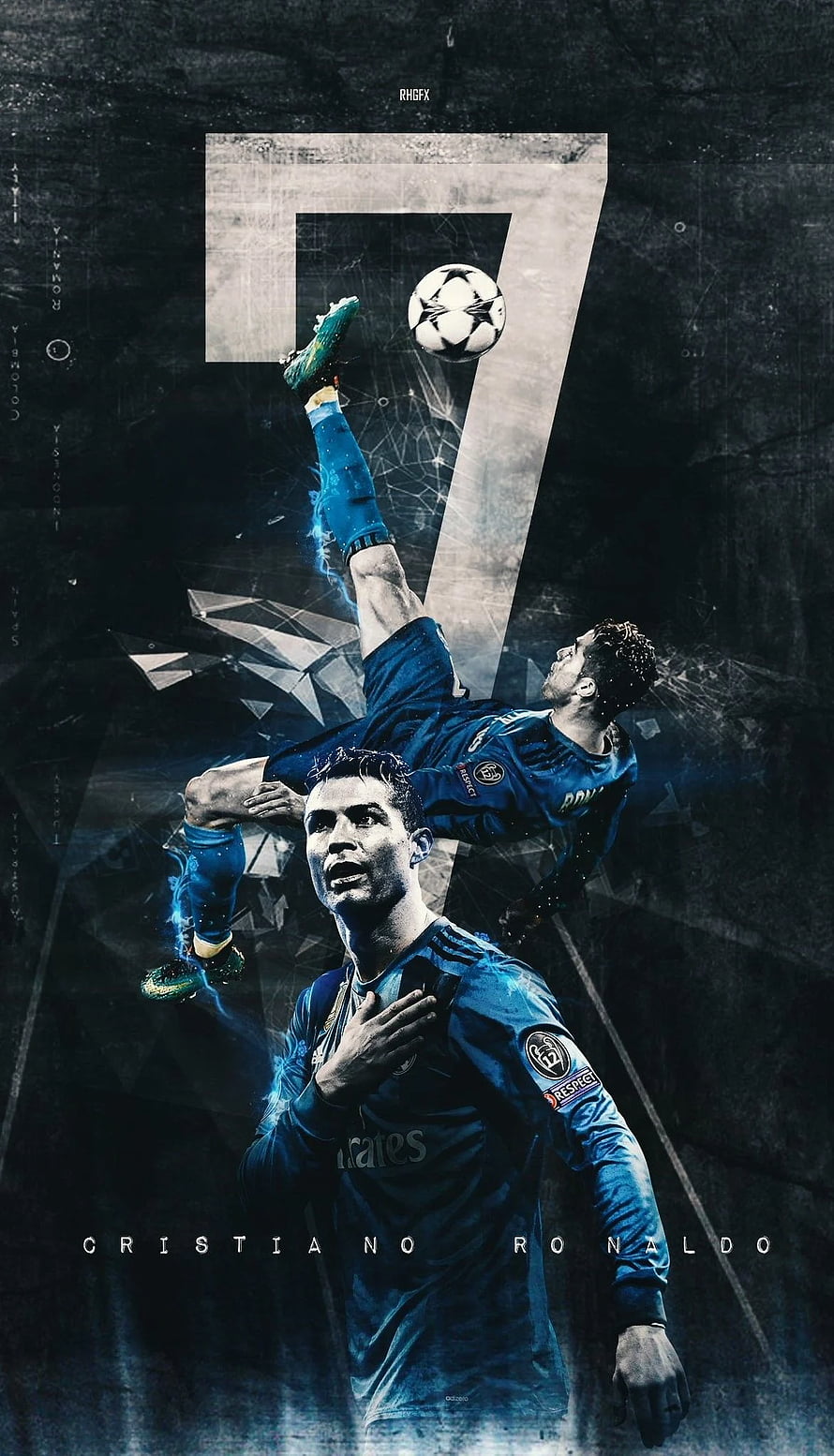 Cristiano Ronaldo Real Madrid Bicycle Kick Poster with Number 7 and Champions League Ball HD phone wallpaper