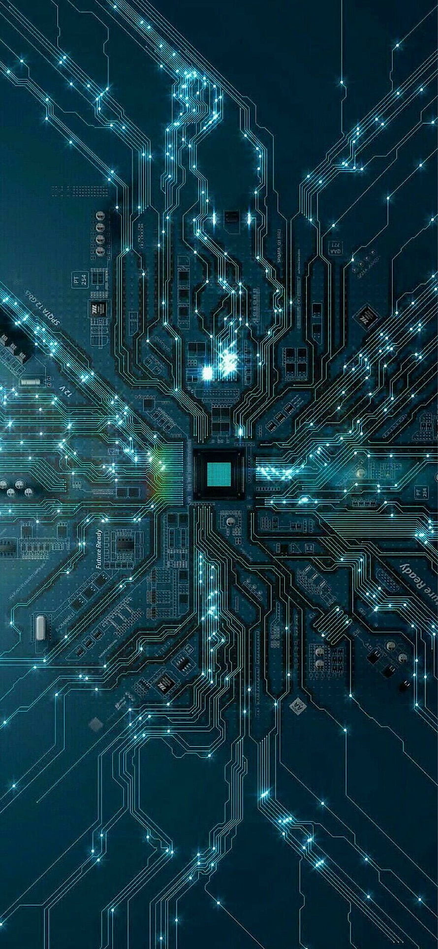 Futuristic Blue Circuit Board With Glowing Electronic Traces And Central Processor Chip HD phone wallpaper