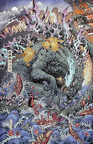 Godzilla Ukiyo-e Woodblock Print: Kaiju Destroying Japanese Warships in Turbulent Seas HD phone wallpaper