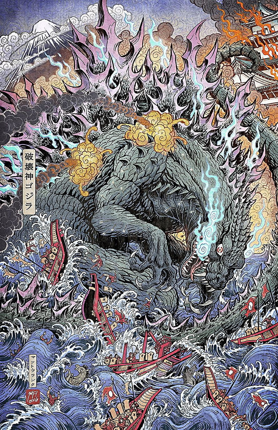 Godzilla Ukiyo-e Woodblock Print: Kaiju Destroying Japanese Warships in Turbulent Seas HD phone wallpaper