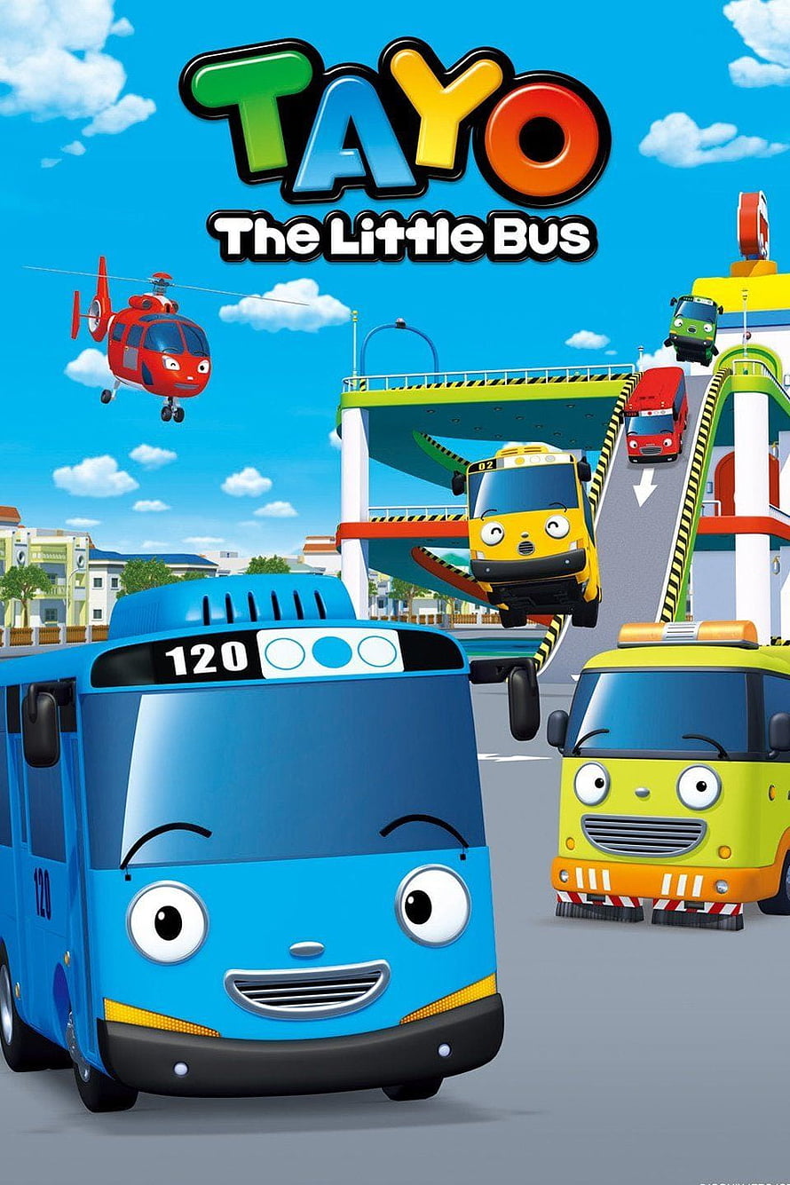 Tayo The Little Bus animated poster featuring Tayo, Lani, Gani, and other friends in a colorful city setting HD phone wallpaper