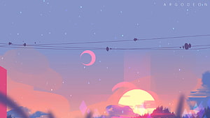 Argodeon Pastel Sunset Landscape With Crescent Moon And Power Lines HD wallpaper