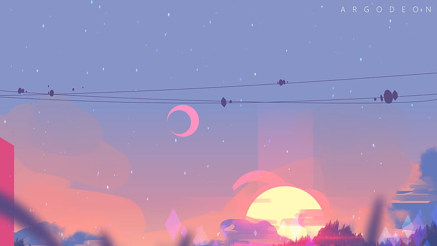 Argodeon Pastel Sunset Landscape With Crescent Moon And Power Lines HD wallpaper