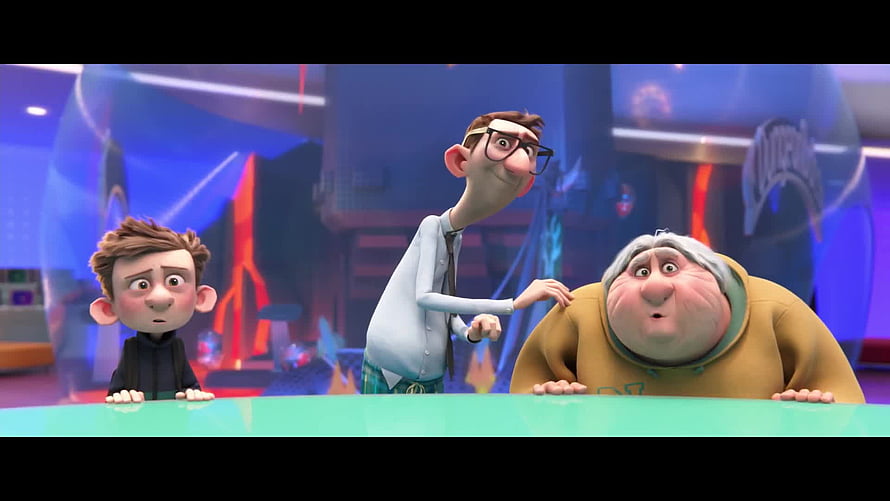 Ron's Gone Wrong Animated Scene Featuring Three Characters at a Table in a Futuristic Setting HD wallpaper