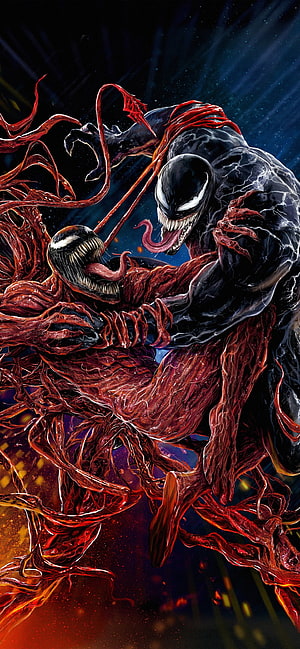 Venom and Carnage in a Brutal Symbiote Battle with Red and Black Tendrils HD phone wallpaper