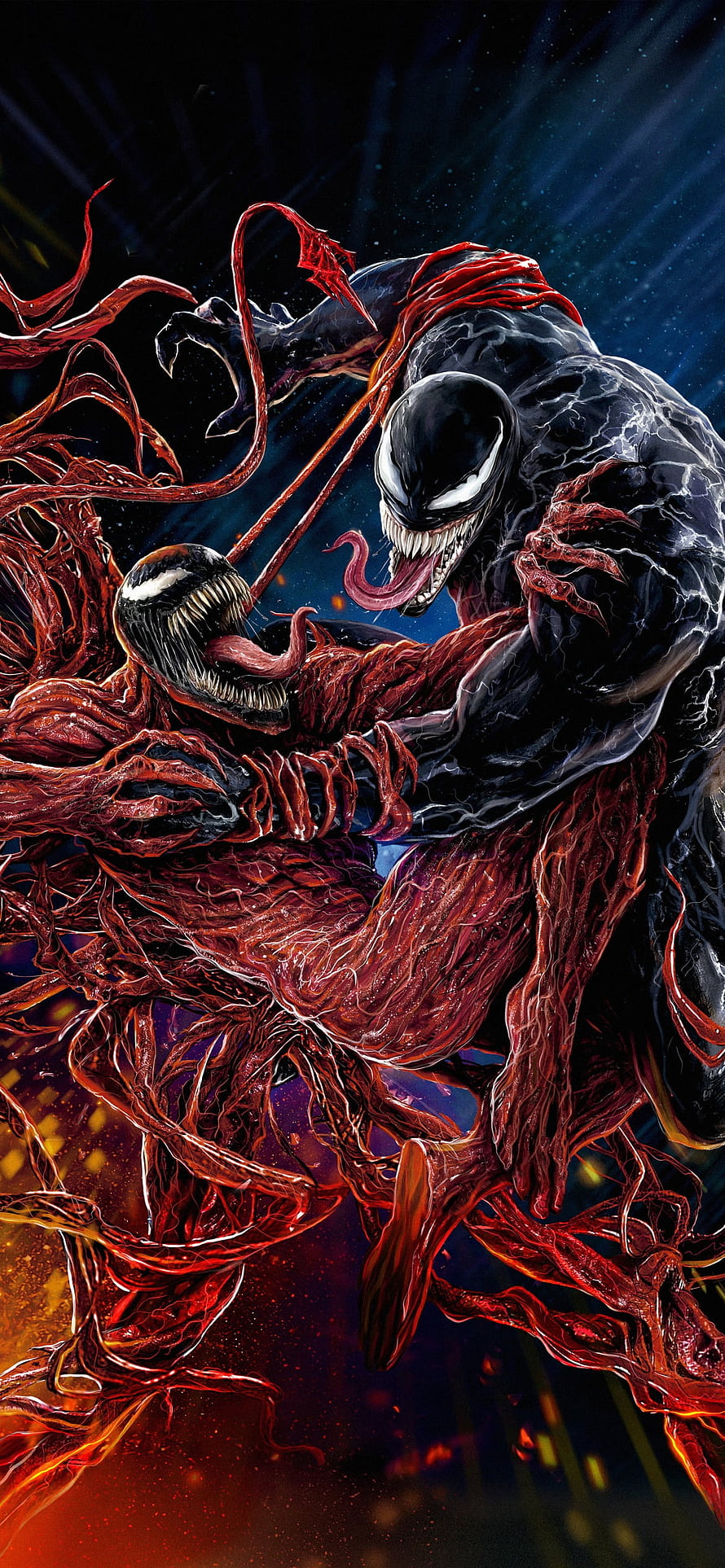 Venom and Carnage in a Brutal Symbiote Battle with Red and Black Tendrils HD phone wallpaper