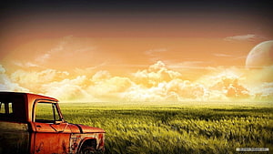 Rusty Vintage Truck in Golden Wheat Field Under Dramatic Sunset Sky HD wallpaper