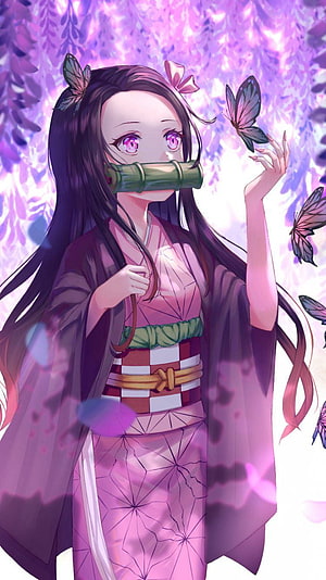 Kanao Tsuyuri from Demon Slayer in Pink Kimono with Butterflies HD phone wallpaper