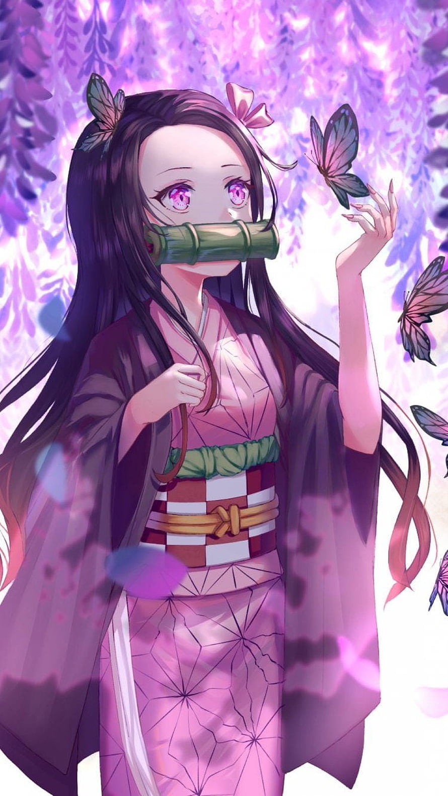 Kanao Tsuyuri from Demon Slayer in Pink Kimono with Butterflies HD phone wallpaper