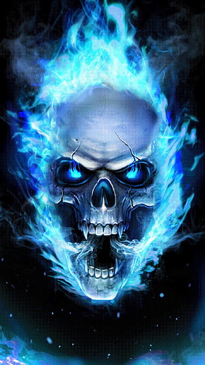 Glowing Blue Fire Skull With Cracks And Fiery Flames On Dark Background HD phone wallpaper