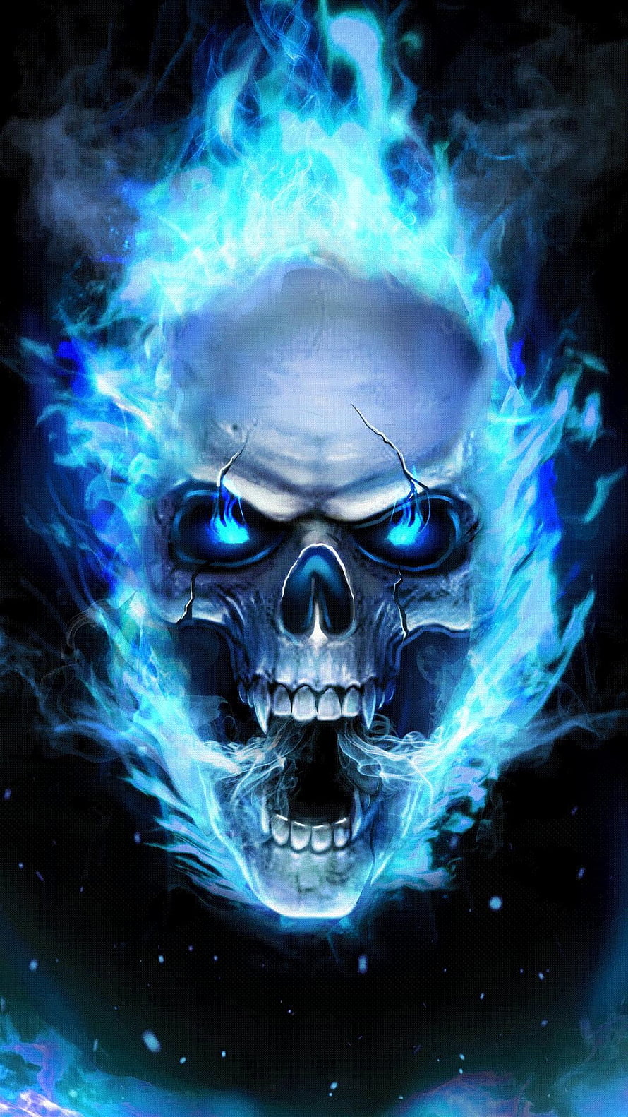 Glowing Blue Fire Skull With Cracks And Fiery Flames On Dark Background HD phone wallpaper