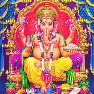 Ganesha Seated on Ornate Throne Holding Lotus and Axe with Mouse Companion HD phone wallpaper