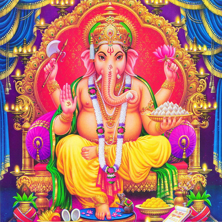 Ganesha Seated on Ornate Throne Holding Lotus and Axe with Mouse Companion HD phone wallpaper