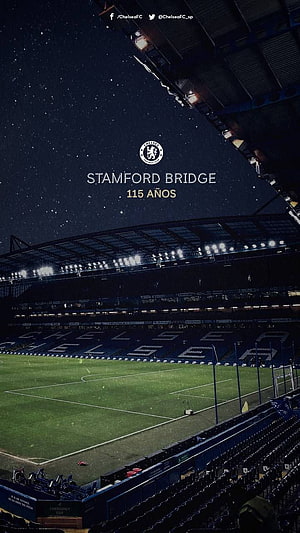 Chelsea FC Stamford Bridge Stadium Night View with 115th Anniversary Logo HD phone wallpaper