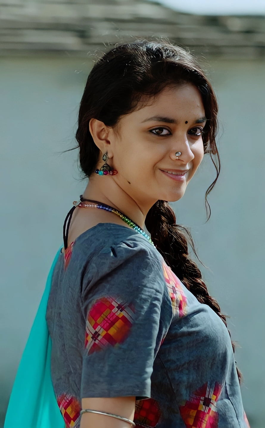 Keerthi Suresh in a grey patterned top with a turquoise dupatta and traditional jewelry HD phone wallpaper
