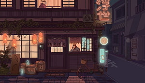 Lofi Girl in a Cozy Japanese Street Cafe at Night with Ghosts and Neon Signs HD wallpaper