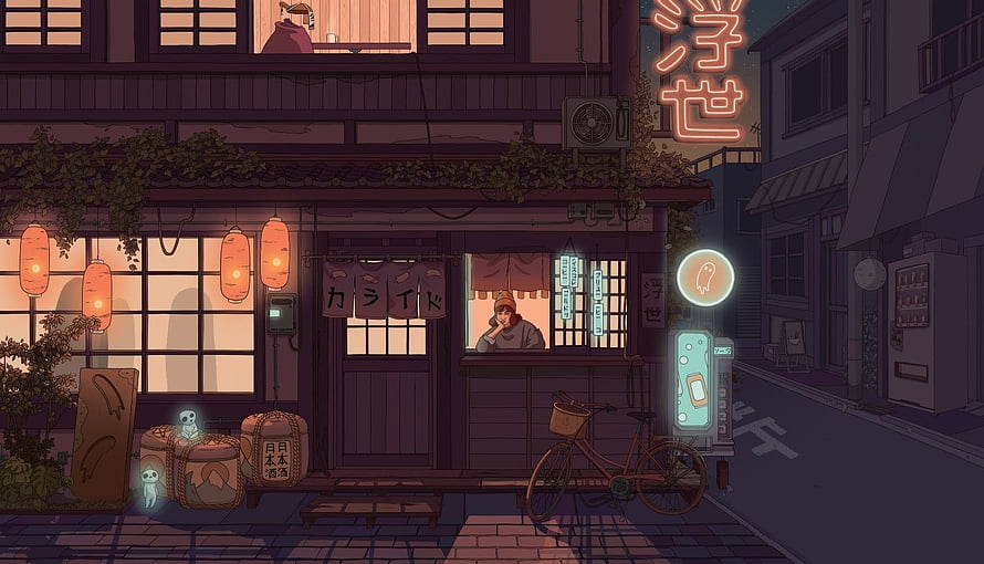 Lofi Girl in a Cozy Japanese Street Cafe at Night with Ghosts and Neon Signs HD wallpaper