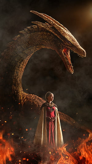 Rhaenyra Targaryen and a massive dragon looming over flames in House of the Dragon HD phone wallpaper