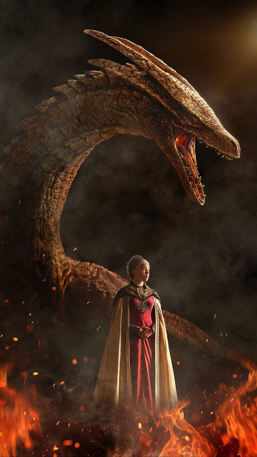 Rhaenyra Targaryen and a massive dragon looming over flames in House of the Dragon HD phone wallpaper