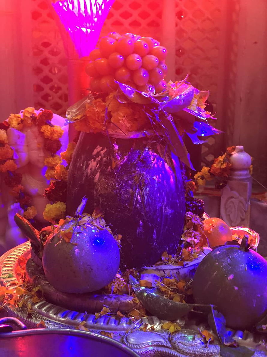 Illuminated Shivling Ritual Setup with Coconuts and Marigold Offerings HD phone wallpaper