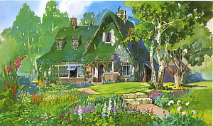 Charming Cottage With Mossy Roof Surrounded By Lush Garden And Trees HD wallpaper
