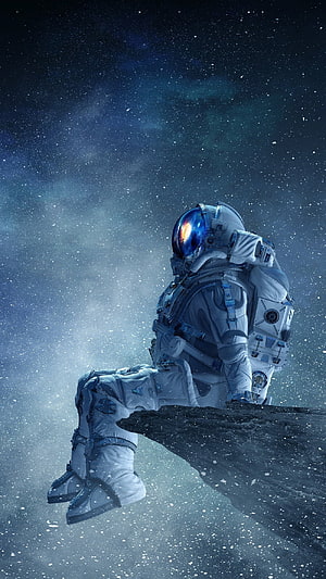 Astronaut Sitting on Asteroid Edge Gazing at Starry Nebula in Deep Space HD phone wallpaper