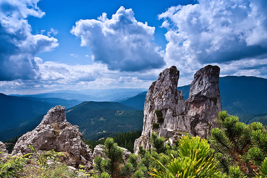 Dramatic Rocky Mountain Peaks and Pine Forest Under a Cloudy Blue Sky HD wallpaper