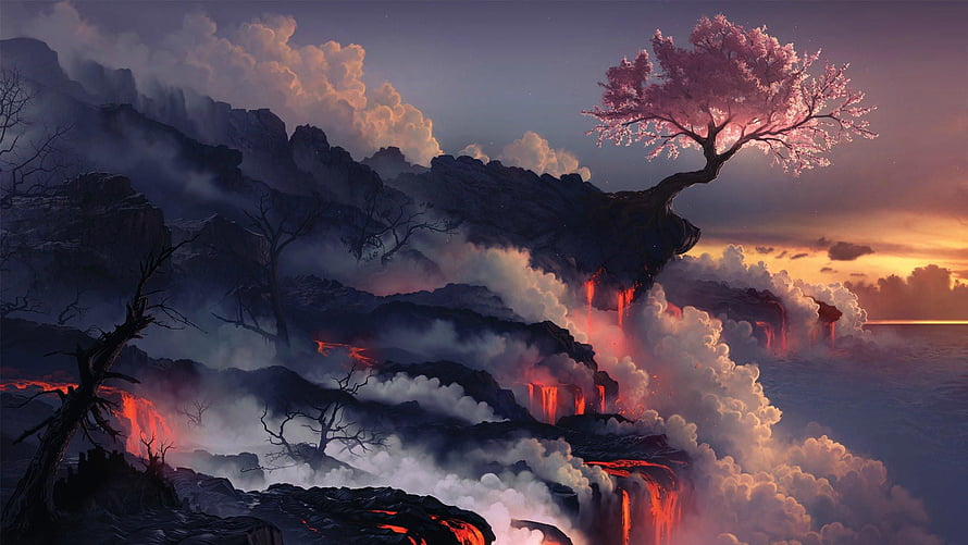 Fantasy Landscape With Glowing Lava Waterfalls And A Solitary Pink Cherry Blossom Tree On A Cliff HD wallpaper