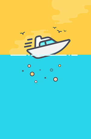 Crayon Style Speedboat Cruising on Turquoise Water with Seagulls and Bubbles HD phone wallpaper