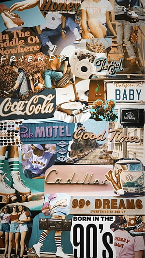 Retro 90s Aesthetic Collage with Vintage Branding and Nostalgic Pop Culture Elements HD phone wallpaper