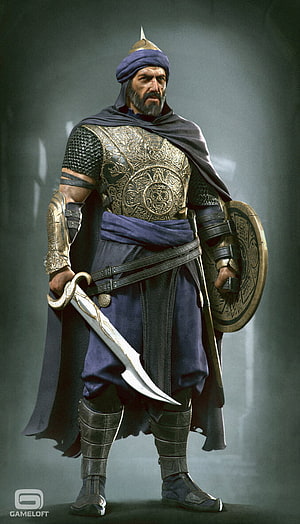 Medieval Warrior Character Concept Art with Golden Armor and Scimitar HD phone wallpaper