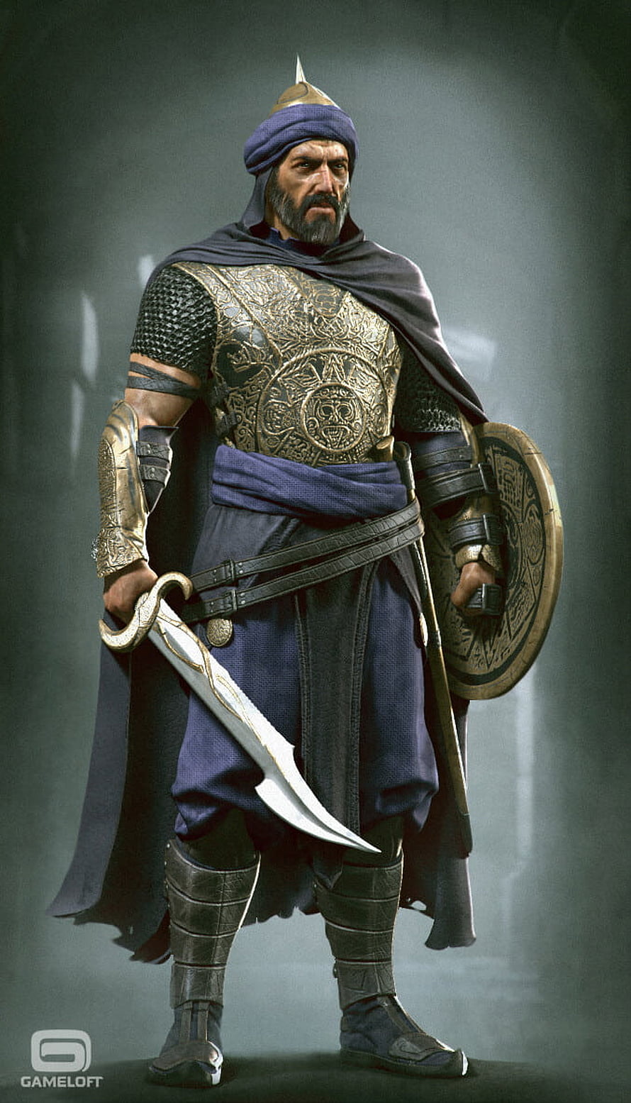 Medieval Warrior Character Concept Art with Golden Armor and Scimitar HD phone wallpaper