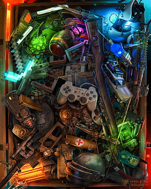 Gaming nostalgia box filled with retro consoles, weapons, and pixel art treasures HD phone wallpaper