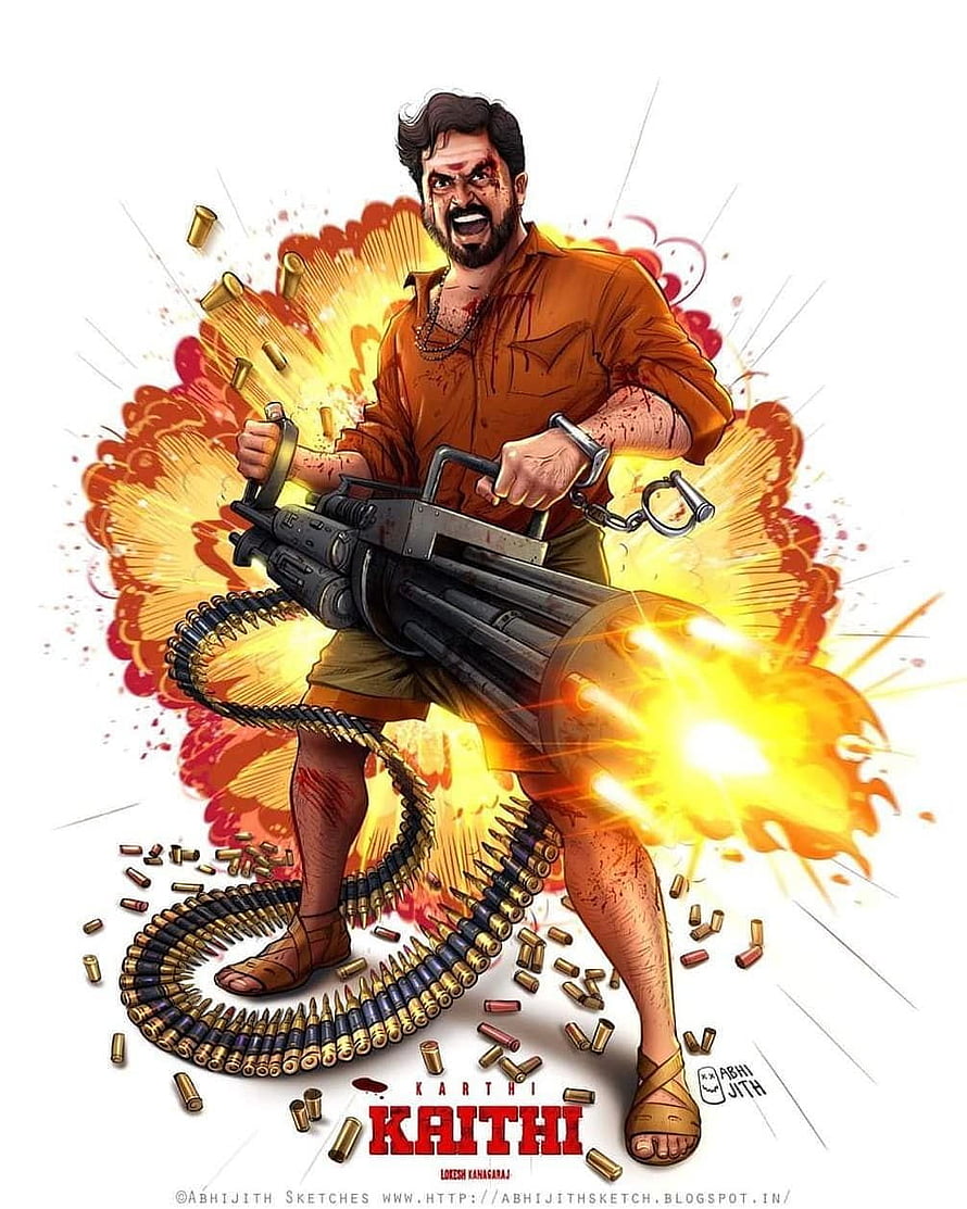 Kaithi Movie Poster Art Featuring Karthi Sivakumar with Machine Gun and Explosions HD phone wallpaper