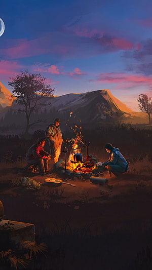 Three Friends Camping Around a Bonfire at Sunset in the Mountains HD phone wallpaper
