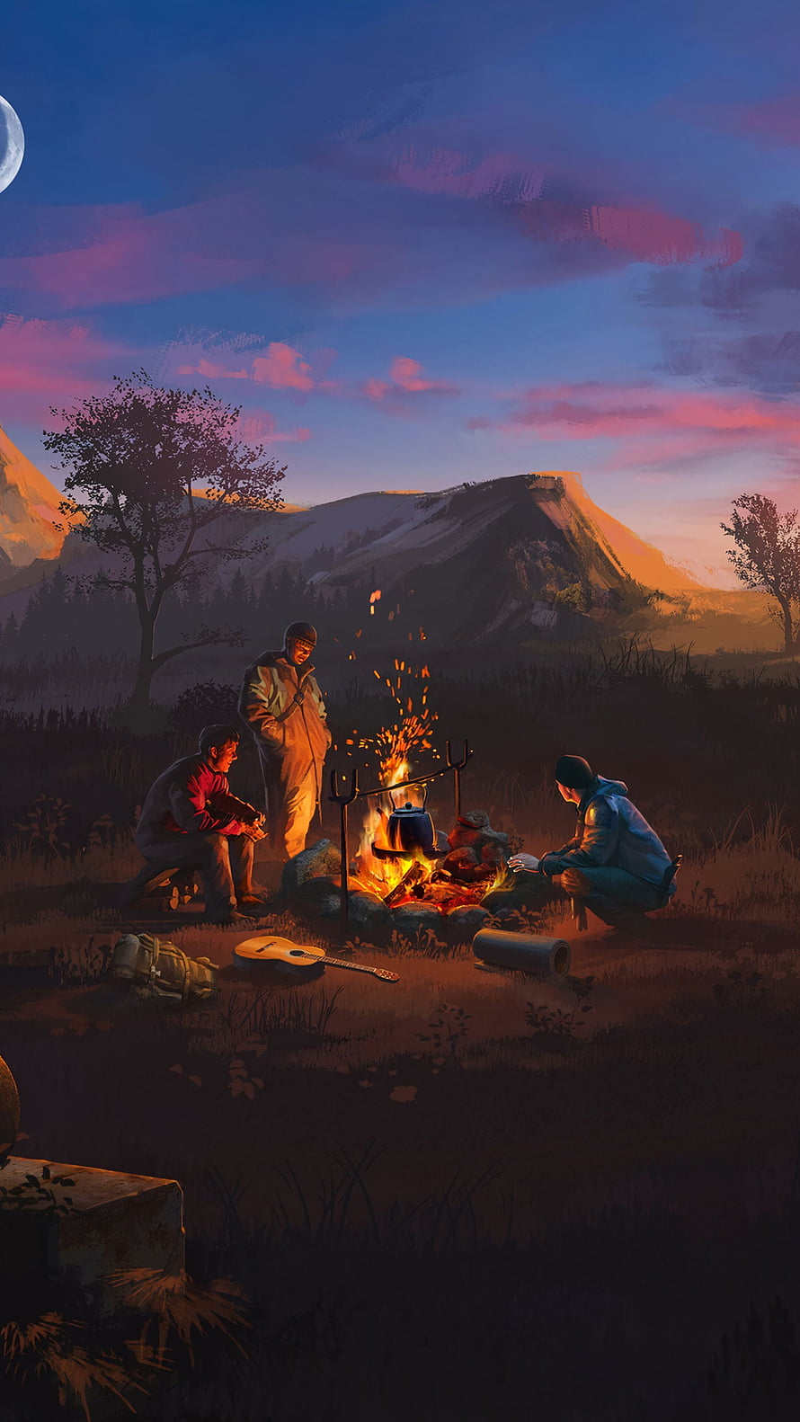 Three Friends Camping Around a Bonfire at Sunset in the Mountains HD phone wallpaper