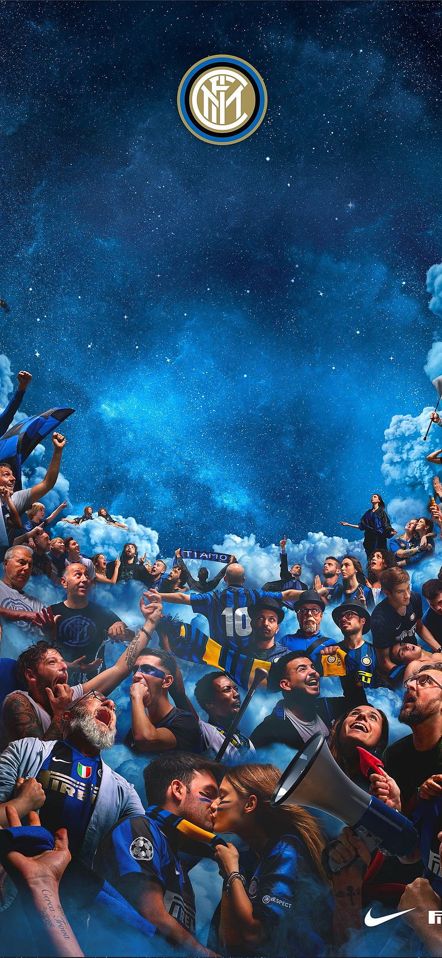 Inter Milan Fans Celebrating Under a Starry Night Sky with Team Crest and Blue Striped Jerseys HD phone wallpaper