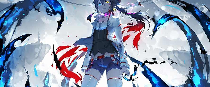 Dark Fantasy Anime Girl with Heterochromia and Red Energy Effects HD wallpaper