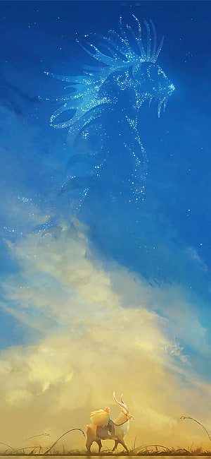 Studio Ghibli Spirit Dragon and Boy on Goat in Ethereal Sky HD phone wallpaper