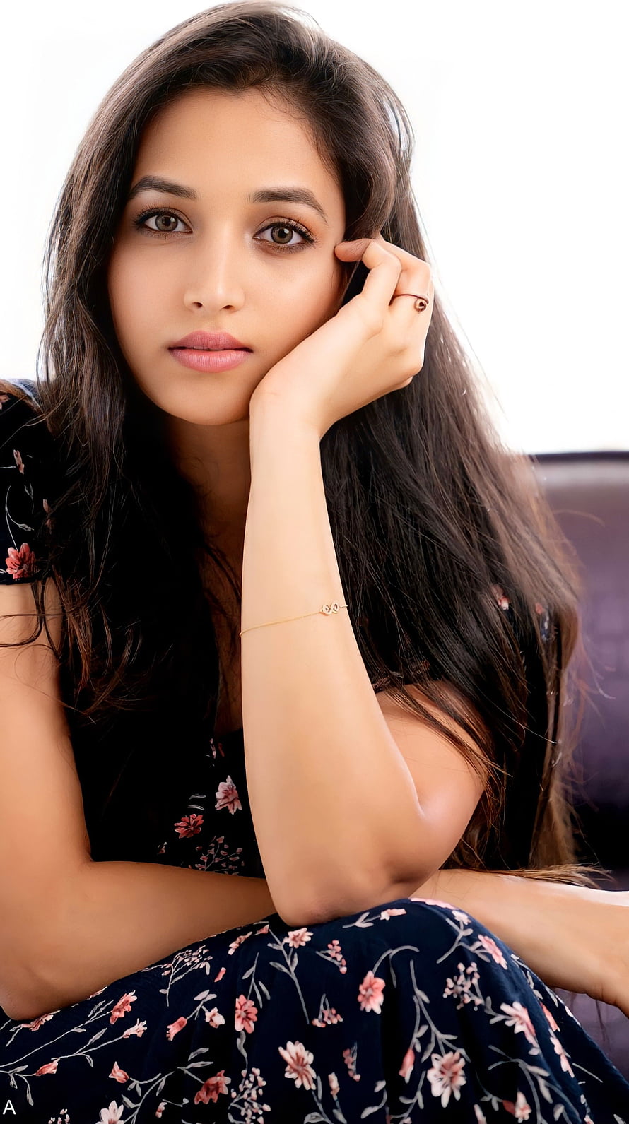 Portrait of a woman with long dark hair wearing a floral dress, Srinidhi shetty, kannada actress HD phone wallpaper