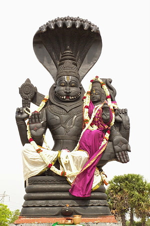 Lakshmi Narasimha Swamy Temple Statue with Cobra Hood and Floral Garlands HD phone wallpaper