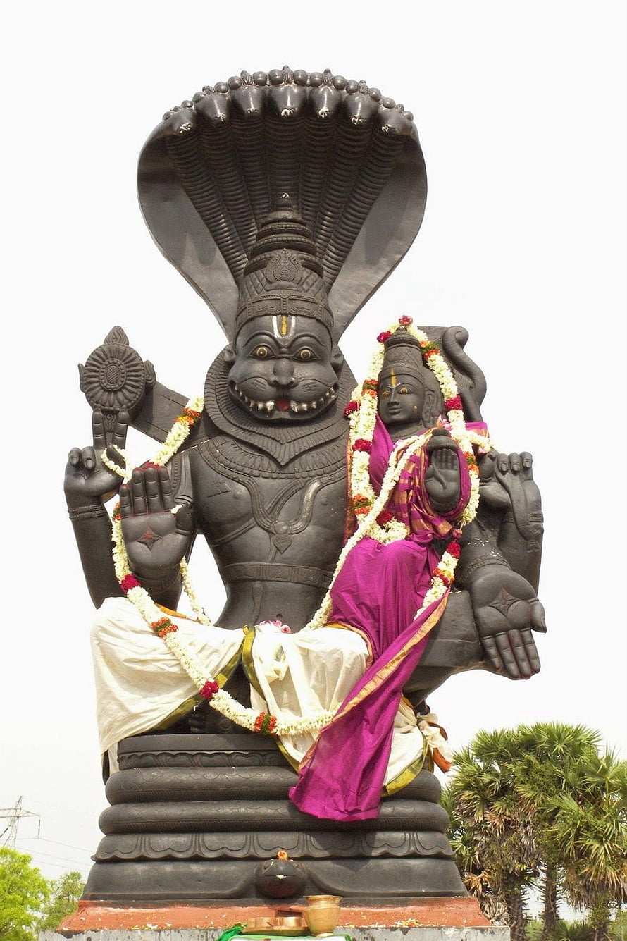 Lakshmi Narasimha Swamy Temple Statue with Cobra Hood and Floral Garlands HD phone wallpaper